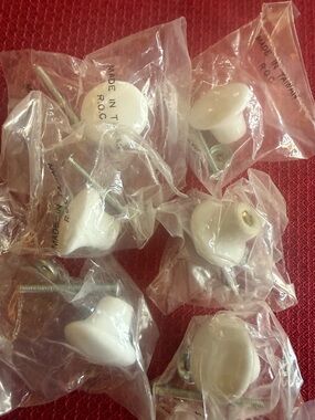 6 Glossy white porcelain mushroom-style cabinet knobs with Hardware